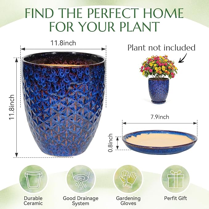 11.8 Inch Flower Pots for Indoor Plants,Ceramic Planter with Saucer Drainage Leak-Proof Mesh Gardening Gloves (Peacock-Blue)