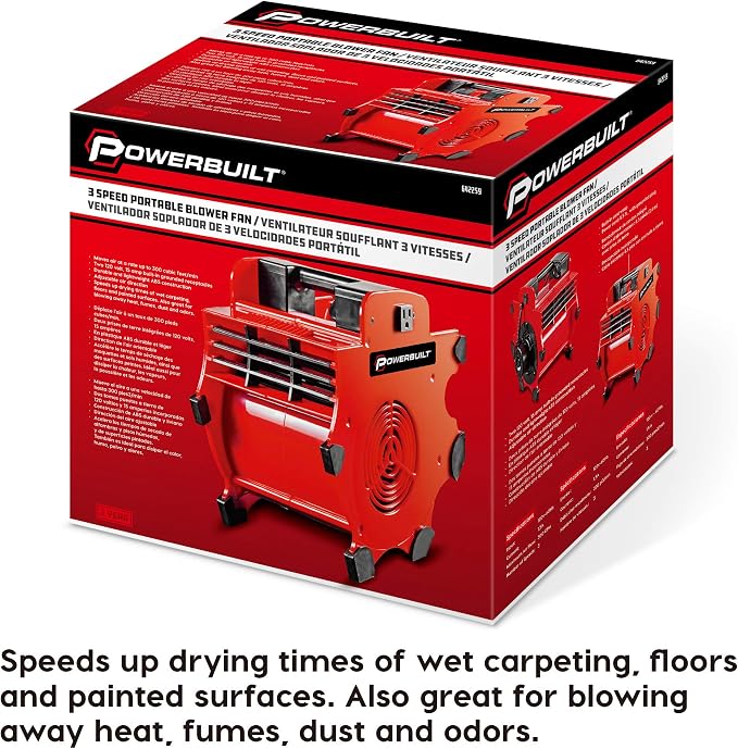 Powerbuilt 3 Speed Portable Blower Dry Fan, Adjustable 3-Speed, Shop Dryer, Wet Carpet, Paint, Built-in Outlets - Red 642259
