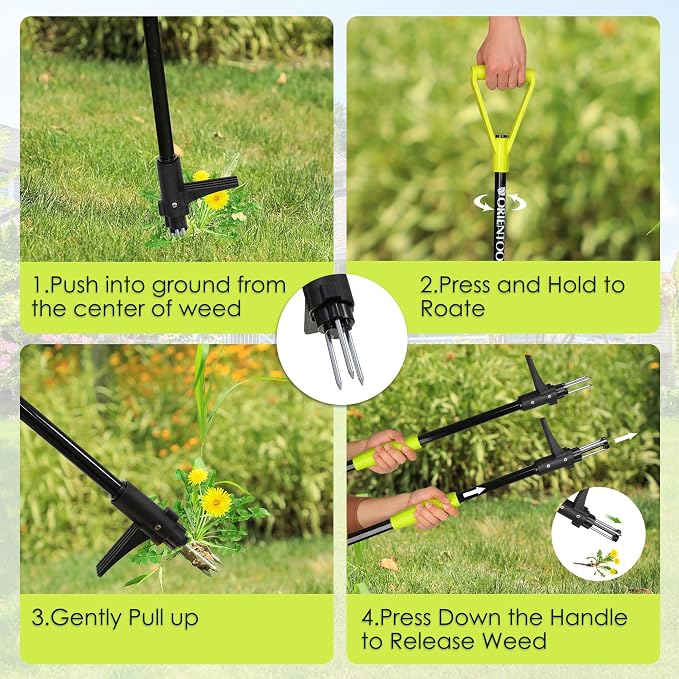 ORIENTOOLS Weed Puller Stand Up Weeder Hand Tool with 3 Claws for Dandelion, Steel Twist Hand Weed Root Pulling Tool Grabber and Picker, 38" Long Handle Lawn Easy Root Remover Garden Tool with D-Grip