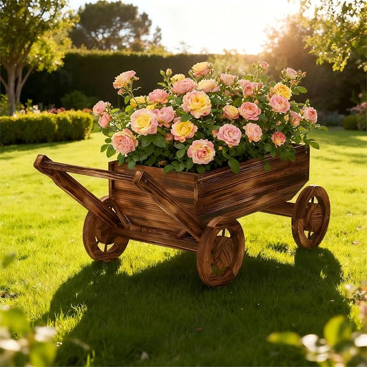 Wooden Flower Cart with Wheels Wooden Wagon Planter Outdoor Garden Planter Decor Planter for Patio Balcony Trolley Decoration Succulent Flower Pot, Indoor Backyard Balcon Decor(Large)