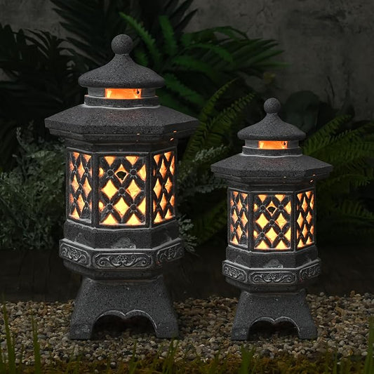 TERESA'S COLLECTIONS Pagoda Garden Statues with Solar Outdoor Light, Resin Zen Garden Lantern Asian Decor Outdoor Statues Lawn Ornaments Patio Porch Yard Decor Gifts for Mom 8.3''