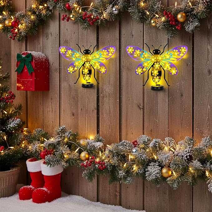 2 Pack Metal Bee Outdoor Wall Decor with 30 Led Solar Lights- 13.8" Outdoor Fence Wall Art Decor, Gift for Mom Grandma Women Birthday Gardening,Hanging Decoration for Garden Patio Porch Yard