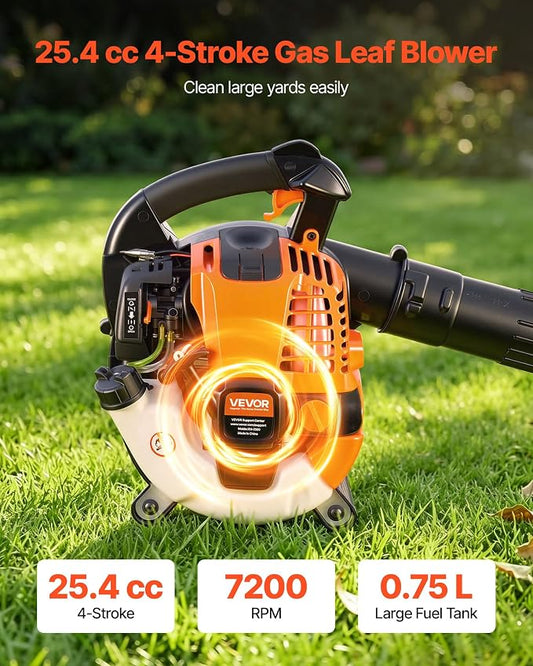 VEVOR Gas Leaf Blower, 25.4CC 4-Stroke Gas Powered Handheld Leaf Blower with 0.75L Fuel Tank, 340 CFM Air Volume, 130 MPH Air Speed, Ideal for Lawn Care, Leaves Cleaning, Yard Debris & Snow Removal | 0.75L Fuel Tank, 340 CFM Air Volume, 130 MPH Air Spe...