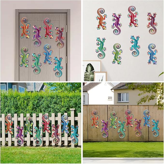 Junware 8 Pcs Metal Gecko Wall Art Outdoor Decor Metal Lizards Wall Decor Lizard 4.2 * 8.5 Inch Suitable for Hanging in Yard Garden Patio Fence Home, Idea Gifts for Mom Father Friends