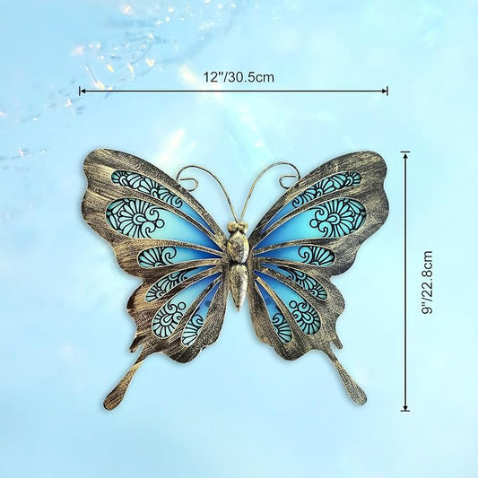 LIFFY Metal Butterfly Outdoor Decor 12"" Hanging Glass Butterflies Wall Decor Garden Art Decorative Ornaments Outside Indoor Home Decor for Living Room Bedroom Patio Fence, Blue