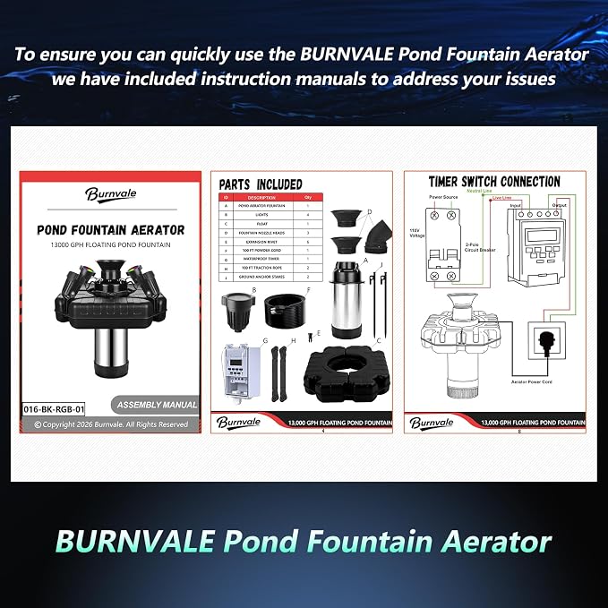 Pond Fountain Aerator, 1HP 110V 750W Floating Pond Fountain, With4 RGB Lights,100 FT Power Cord,Waterproof Timer,2x100 FT Traction Rope,Floating Water Fountains for Ponds
