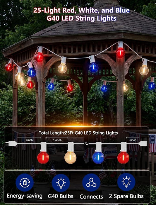 4th of July G40 LED Red White and Blue Lights, 25ft Outdoor String lights | Hanging Patio Lights with 27 Shatterproof Round Bulbs, Plug in, Connectable, Independence Day Decoration Patriotic Party
