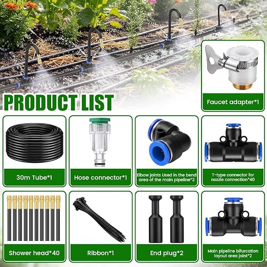 SiliFine 150 Pcs 98 ft 3/8" Greenhouse Drip Irrigation Kit with 40 Brass 360Β° Adjustable Nozzles and Faucet Adapter Install Adapters for Plants Lawns Gardens