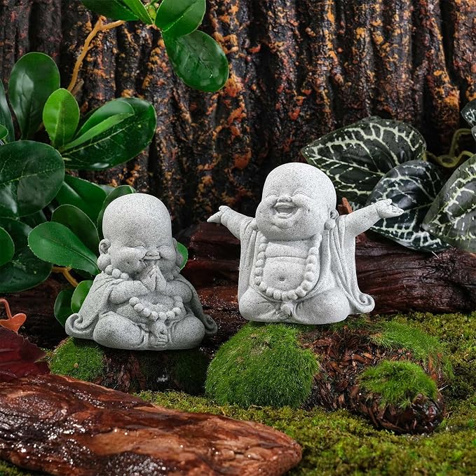 Laughing Buddha Sandstone Statues Mini Zen Monk Figurine Small Buddha Sculptures Fish Tank Decoration Landscaping Garden Outdoor Ornaments for Wealth Good Luck