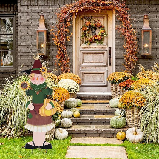 YEAHOME Outdoor Fall Decor, Metal Girl Scarecrow Garden Stakes with Sunflowers & Pumpkin for Fall Decorations, Scarecrow Yard Signs for Outside Garden Lawn Porch Thanksgiving Decorations Outdoor