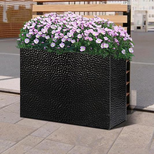 Tall Planters for Outdoor Plants - Hand-Hammered Metal Large Rectangular Block Planter Box with Drainage Holes, Modern Planters Indoor Outdoor Flower Plant Pots Patio Yard Front Porch Deck,32x12x24"