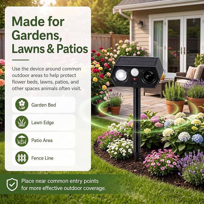 2026 Solar Ultrasonic Animal Repeller Outdoor, Deer Repellent Devices with Motion Sensor & LED Flashing Light, Cat Deterrent for Yard, Garden, Lawn, Rabbit, Squirrel, Raccoon, Dog, 2 Pack Black