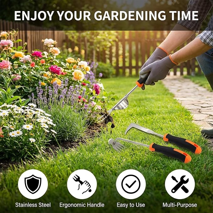 3 Pcs Garden Weeding Tool Set - Stainless Steel Manual Weed Puller with Non-Slip Handle for Yard Lawn Farm