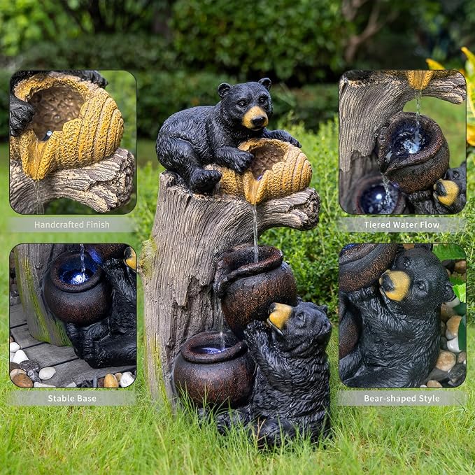 23.6'' Bear Outdoor Water Fountain with LED Lights, Cascading Resin Garden Waterfall Fountain with Pump, Cute Animal Water Feature for Patio Yard Backyard Balcony Decor