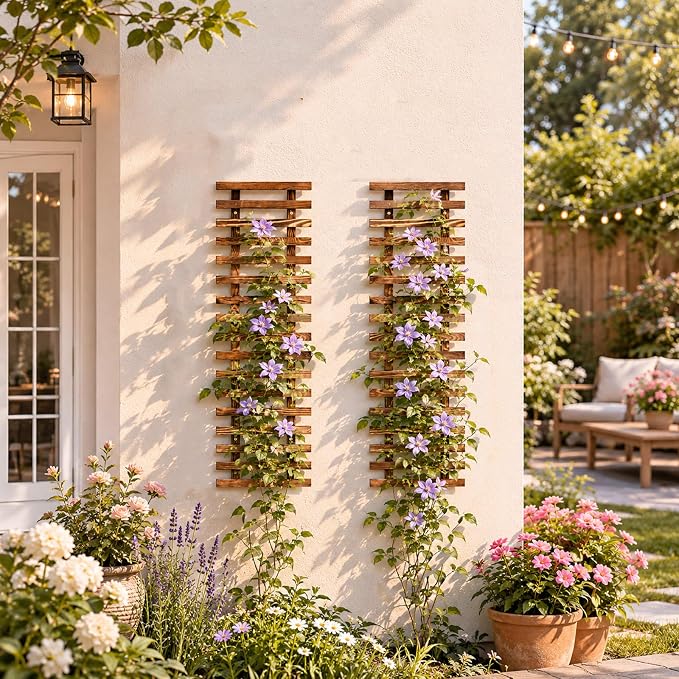 2 Pcs Wall Planter for Indoor Outdoor Plants - Wooden Wall Amounted Plant Holder for Hanging Pots, Vertical Pack Wood Garden Trellis for Climbing Plants Orchid Ivy Vine Rose Patio Home Decor, 35.43"