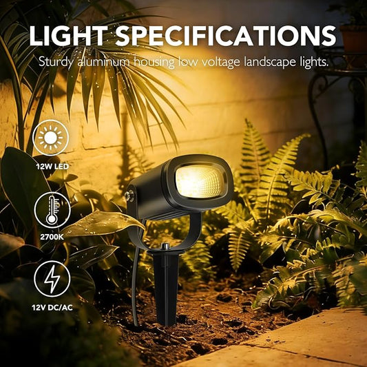 12W Low Voltage Landscape Lights 2700K Warm White LED Landscape Lighting IP65 Waterproof Spot Lights Outdoor Spotlights with Connectors for Garden Yard Tree, 8 Pack