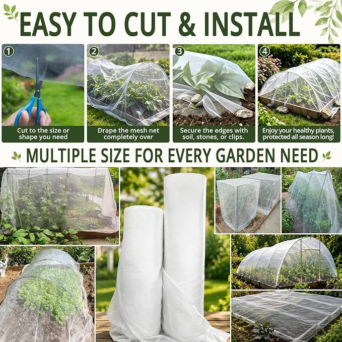 10x12Ft Garden Netting, Fine Mesh Insect Netting for Plant Protection, Mosquito Bug Bird Barrier Mesh Cover for Vegetables Fruits Flowers Raised Beds