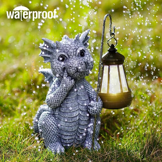 Qeeman Solar Dragon for Garden Decor: Weatherproof Resin Statues | Warm Glow Lantern Outdoor Decoractions for Yard Pathway Patio Porch Balcony Front, Gifts for Mom Grandma Lovers