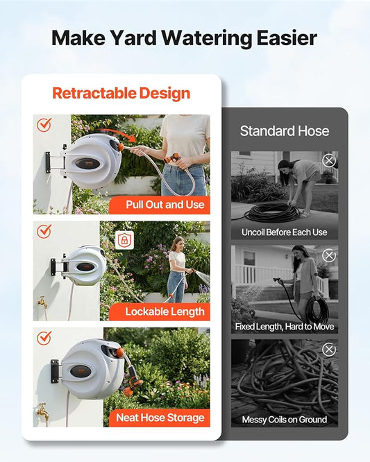 VEVOR Retractable Hose Reel, 100 ft x 1/2 inch, 180° Swivel Bracket Wall-Mounted, Garden Water Hose Reel with 9-Pattern Nozzle, Automatic Rewind, Lock at Any Length, and Slow Return System