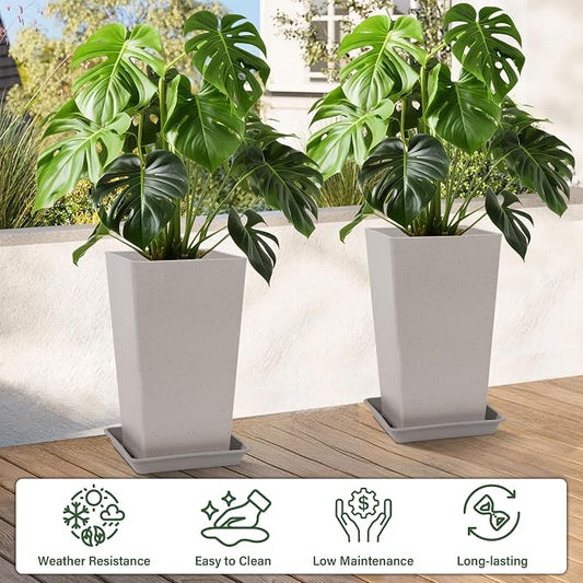 Neoaider Set of 2 Tall Planter, 21 inch Large Plastic Planter, Light Gray | Ceramic-Look, Lightweight, Built-in Drain Hole, Saucers, Tall Outdoor Planter for Porch, Garden, Patio, Balcony