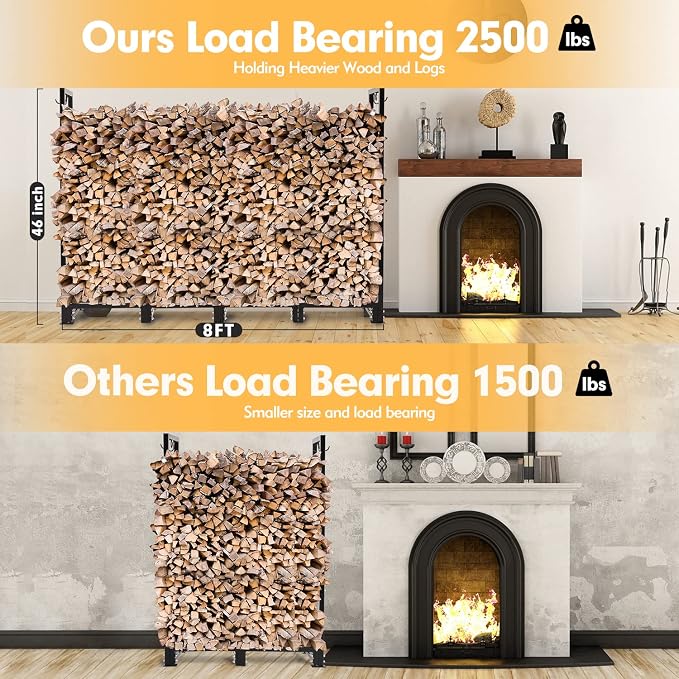 nalone 8FT Outdoor Firewood Rack with Cover&Carry Bag Heavy Duty Square Strong Stand Rack with Waterproof Cover for Fireplace Fire Pits Wood Pile Storage Holder Lumber Rack