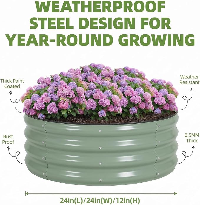 SPONVATT 2Pcs Round Galvanized Raised Garden Bed Kit 24 x 12 Inch Metal Planter Box Outdoor with Safety Rubber Edge Trim Rust Proof Weather Resistant Circular Steel Garden Beds Sage Green 12 Inch Deep