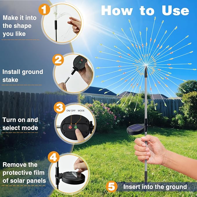 btfarm 1 Pack Solar Garden Lights Outdoor, 8 Modes Firework Lights Solar Powered, Waterproof Twinkle Fairy Light Outside for Yard Patio Pathway Pool Christmas Party Decorative, Warm White