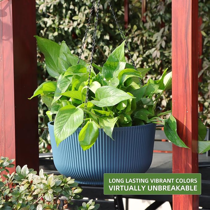 Dexceder 9.8 Inch Self Watering Hanging Planter (2 Pack, Deep Blue) | Thickened Hanging Basket Flower Plant Pot Indoor Outdoor