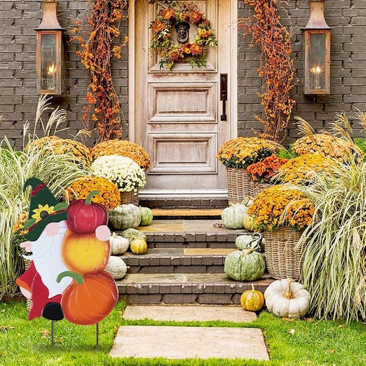 YEAHOME Fall Decorations Outdoor, Metal Gnome with Stacked Pumpkin Decorative Garden Stakes for Fall Decor, Autumn Yard Signs for Home Outside Garden Lawn Porch, Thanksgiving Decorations Outdoor