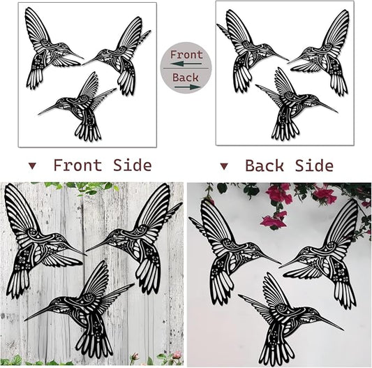 QZGXDECO Set of 3 Metal Hummingbird Wall Decor, 3D Iron Bird Wall Art for Outdoor Garden Fence, Patio & Yard Decorations, Large Hanging Sculptures for Living Room & Home, Gifts for Bird Lovers