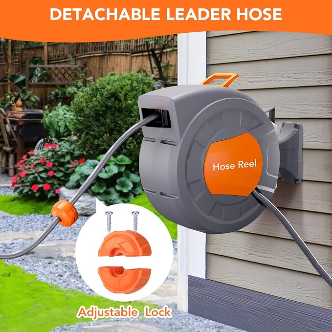 GAOMON Retractable Garden Hose Reel - 1/2 in x 72 ft, Wall Mounted, 9-Function Sprayer, Any Length Lock, 180° Swivel, Automatic Slow Rewind