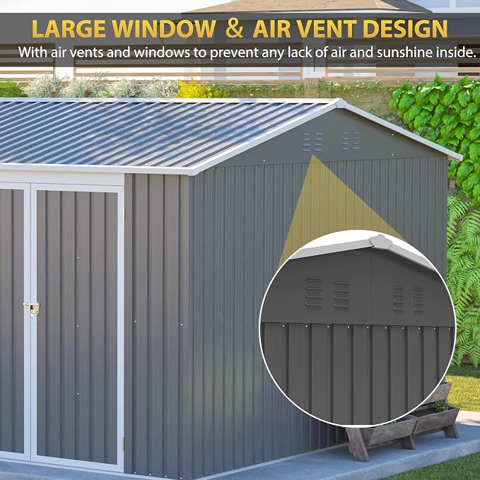 PVWIIK 12x10 FT Metal Outdoor Storage Shed with Floor Frame, Heavy Duty Waterproof Steel Garden Tool Shed with Lockable Doors, Utility Storage Building for Backyard Patio Lawn Garden, Grey