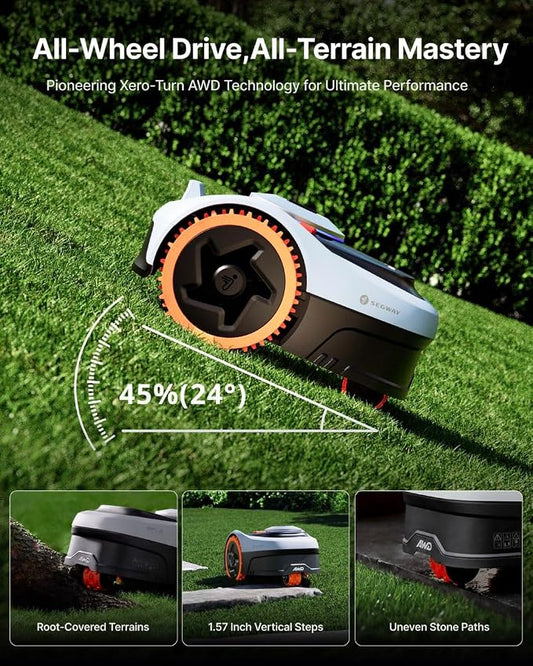 Segway Navimow i206 AWD Robot Lawn Mower, Wire-Free Robotic Mower, All-Wheel Drive for 45% Slopes, 2–3.6 in Adjustable Cutting Height, NRTK + Vision, Auto Mapping, 2.55Ah Battery, Covers 0.15 Acre