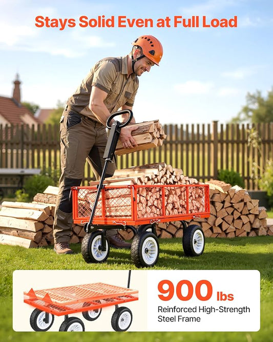 VEVOR 900 LBS Steel Garden Cart, 2 in 1 Handle, Heavy Duty Pullable Garden Wagon with 10" Flat-Free Tires, Outdoor Utility Yard Wagon Cart with Detachable Side Panels, Attach to ATV or Tractor, Red