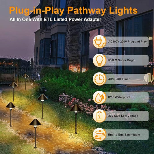 Low Voltage Pathway Lights with Transformer, 4H/6H/8H Cycle Timer | Plug and Play, Non-hardwired, Waterproof Low Voltage Landscape Lighting for Flower Bed Backyard Walkway Driveway, Set of 4