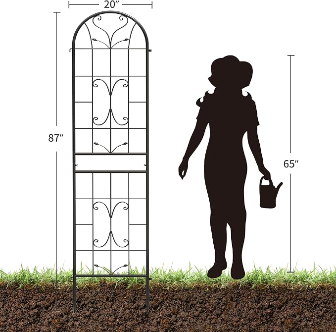 4-Pack 87" x 20" Ornate Scrollwork Arch Black Metal Garden Trellises | Set of 4 rust-resistant trellises with Ornate Scrollwork, arched tops, stakes, and support for roses, vines, or vegetables