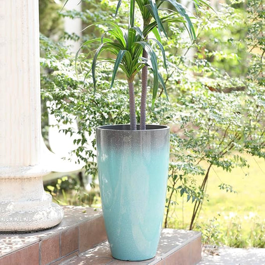Planters for Outdoor Plants, Large Outdoor Plastic Grey to Azure Gradient Tall Flower Pots 2Pack, Patio Decor Unbreakable Resin, Lightweight Planter
