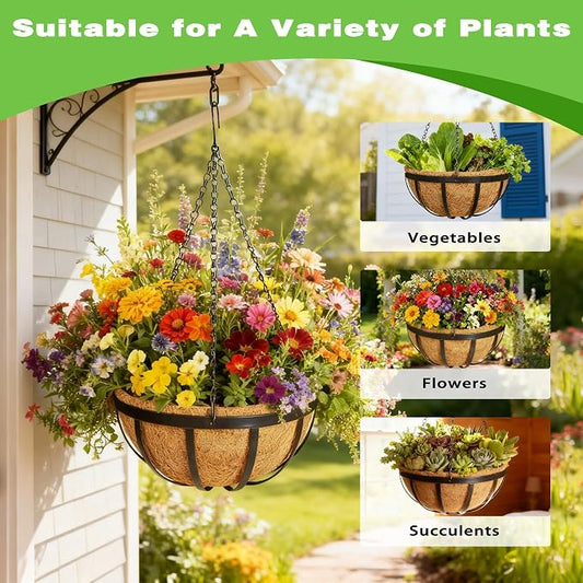 2 Pack 12 Inch Black Metal Hanging Basket Hanging Planter with Coco Coir Liner Heavy Duty Hanging Flower Pot Holder for Indoor Outdoor Patio Garden Porch Balcony Decor (Flat Iron)