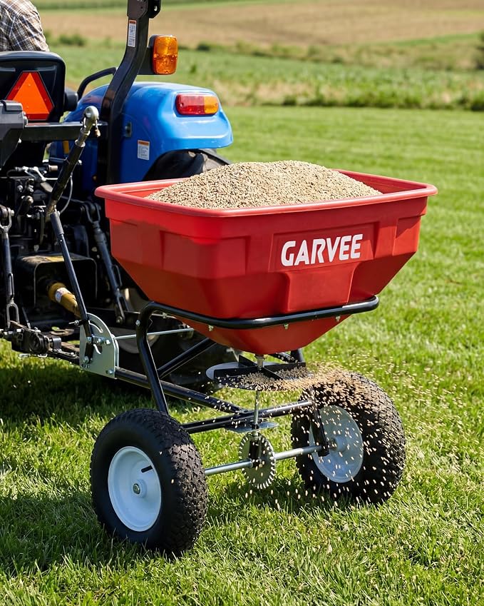 Tow Behind Broadcast Spreader, 125 LBS Large Capacity Universal Hook Tow & Push Lawn Spreader, 9.8 ft Spreading Width 30 Adjustable Settings, Compatible with UTV ATV Riding Mower & Most Tractors