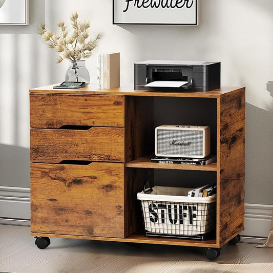 DUMOS File Cabinet with 3 Drawers, Wood Under Desk Storage Printer Stand | Rolling Lateral Filing Cabinet with Adjustable Shelves for Home Office Study Organization,Rustic