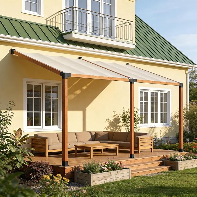 15° Slanted Pergola Bracket Kit, 4-Way Roof Wall Mount Pergola Set with Post Base for 4"x4" Posts for Gazebos, Patio Pergolas(Set of 3)
