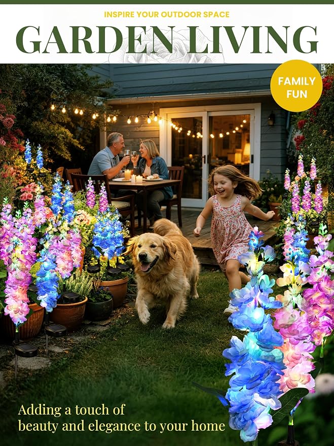 GIGALUMI Solar Lights Outdoor for Garden Decor, 3 Pack Solar Flower Lights Waterproof, 2 Lighting Modes Delphinium for Pathway,Yard, Patio, 4th of July Decoration, Gifts for Women (Multi-Colored)