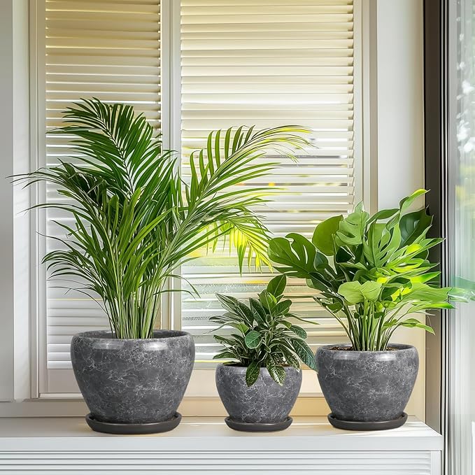 Ceramic Planters - 10 Inch 8 Inch 6 Inch Round Decorative Plant Pots with Drainage Holes and Saucers for Indoor Outdoor Flower, Room Home Apartment Decor, Gift for Women Men, Set of 3, Grey