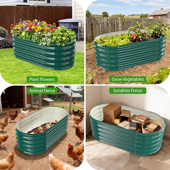 17" Tall Oval-Shaped / Elliptic Metal Raised Garden Bed Outdoor Dark Green | 48X24X17 Inch,1.5 FT Tall,0.8MM Thick Galvanized Metal Painted,for Variety of Flowers,Herbs,Vegetables.with Gloves,Tool free