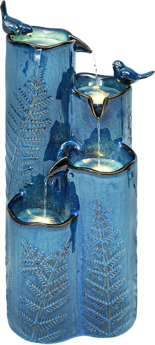 Autodaya 32" H 4-Tier Vase Ceramic Outdoor Water Fountain with LED Lights | Cascading Waterfall with Turquoise Glaze, Fern Pattern-Texture, Upgraded Pump, Bird Water Feature for Garden Patio Yard Porch