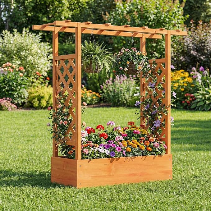Giantex Wooden Raised Garden Bed with Trellis & Hanging Roof, 2 Pack Fir Wood Planter Box, 45" Freestanding Elevated Garden Bed for Outdoor Climbing Plants Vegetables Flowers, Patio & Balcony, Orange