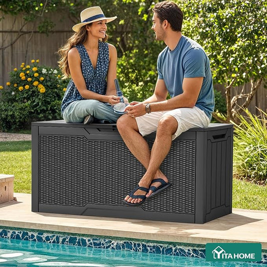 YITAHOME 80 Gallon Resin Deck Box | Weather Resistant Outdoor Rattan Storage Box, Lockable Indoor Outdoor Storage for Supplies and Essentials, Dark Gray