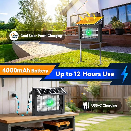 Solar Bug Zapper Outdoor, 4500V Mosquito Zapper with Dual Solar Panels | Auto On/Off, IPX5 Waterproof Mosquito Killer For Backyard, Patio, Garden, Camping And Up To 1/2 Acre Coverage