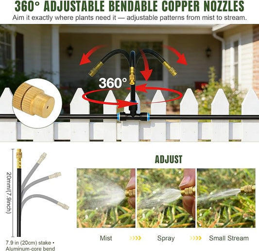 20PCS Push-to-Fit Drip Irrigation Mister Emitters with T-Connectors, Copper 360° Adjustable Bendable Atomizing Nozzles for 1/4" Tubing, Micro Spray Nozzles for Garden Greenhouse Raised Beds