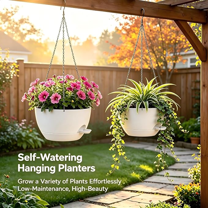 12 Inch Self Watering Hanging Planters 2 Pack, White | Plastic planters with drainage holes and saucers. Suitable for indoor, outdoor, kitchen, balcony and garden plant decor.